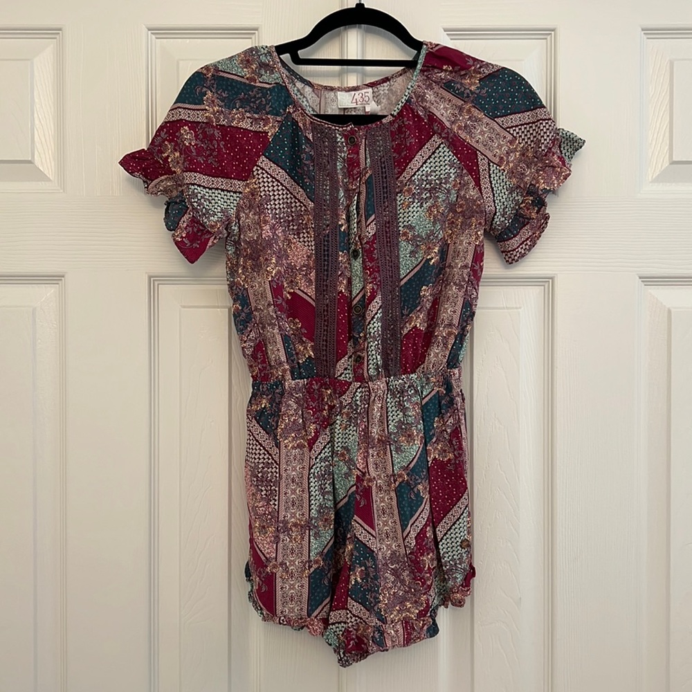 Beautiful hunter green and burgundy patterned shorts romper by Matilda Jane - 12